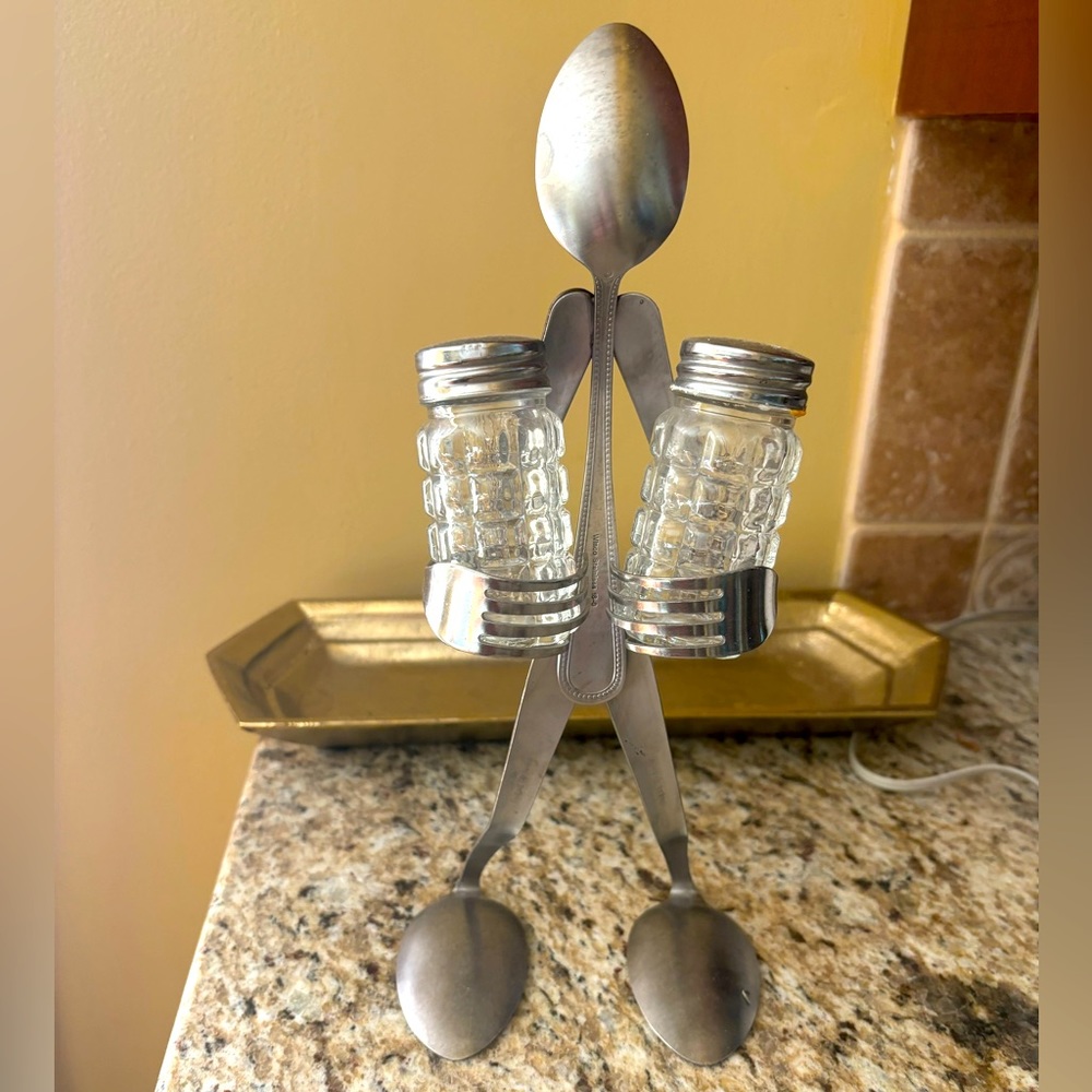 Unique artisan salt & pepper shaker napkin holder hand crafted from silverware